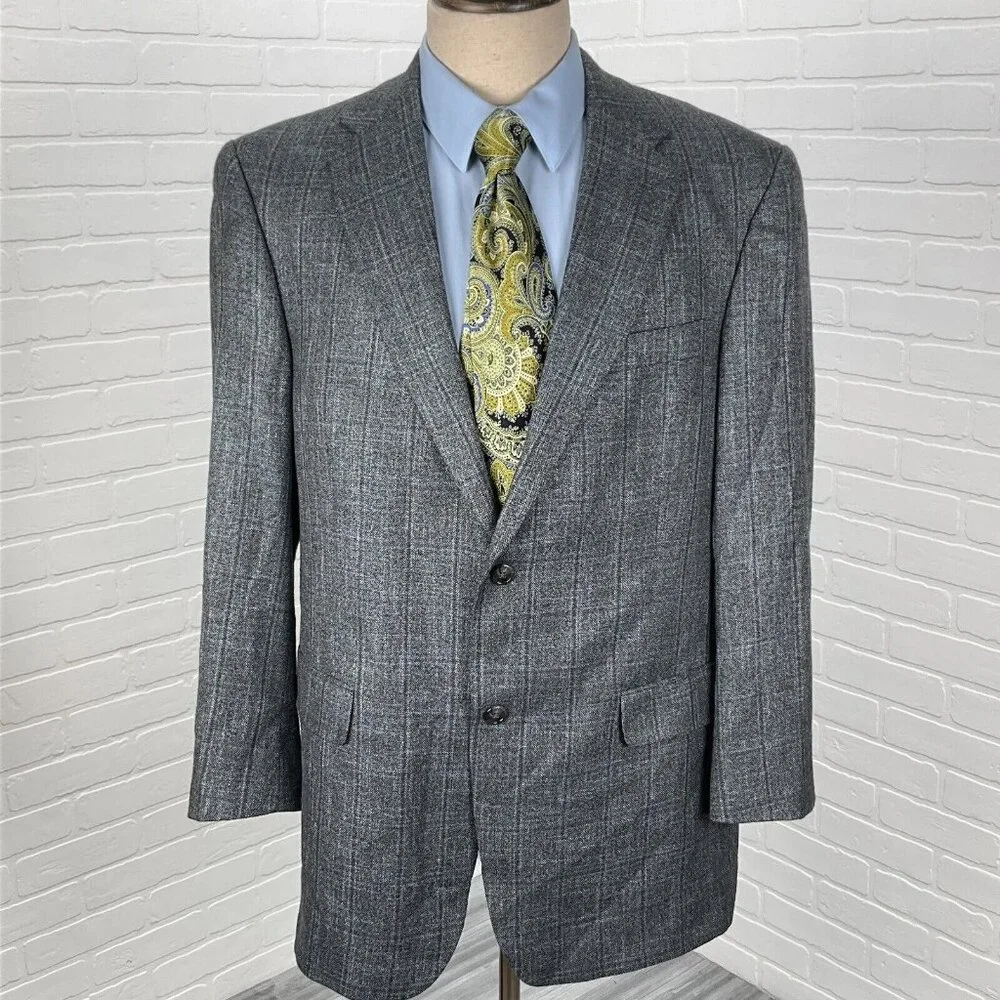 Hart Schaffner Marx Blazer Men 42R Gray Blue Plaid‎ Gold Trumpeter Carlanda USA